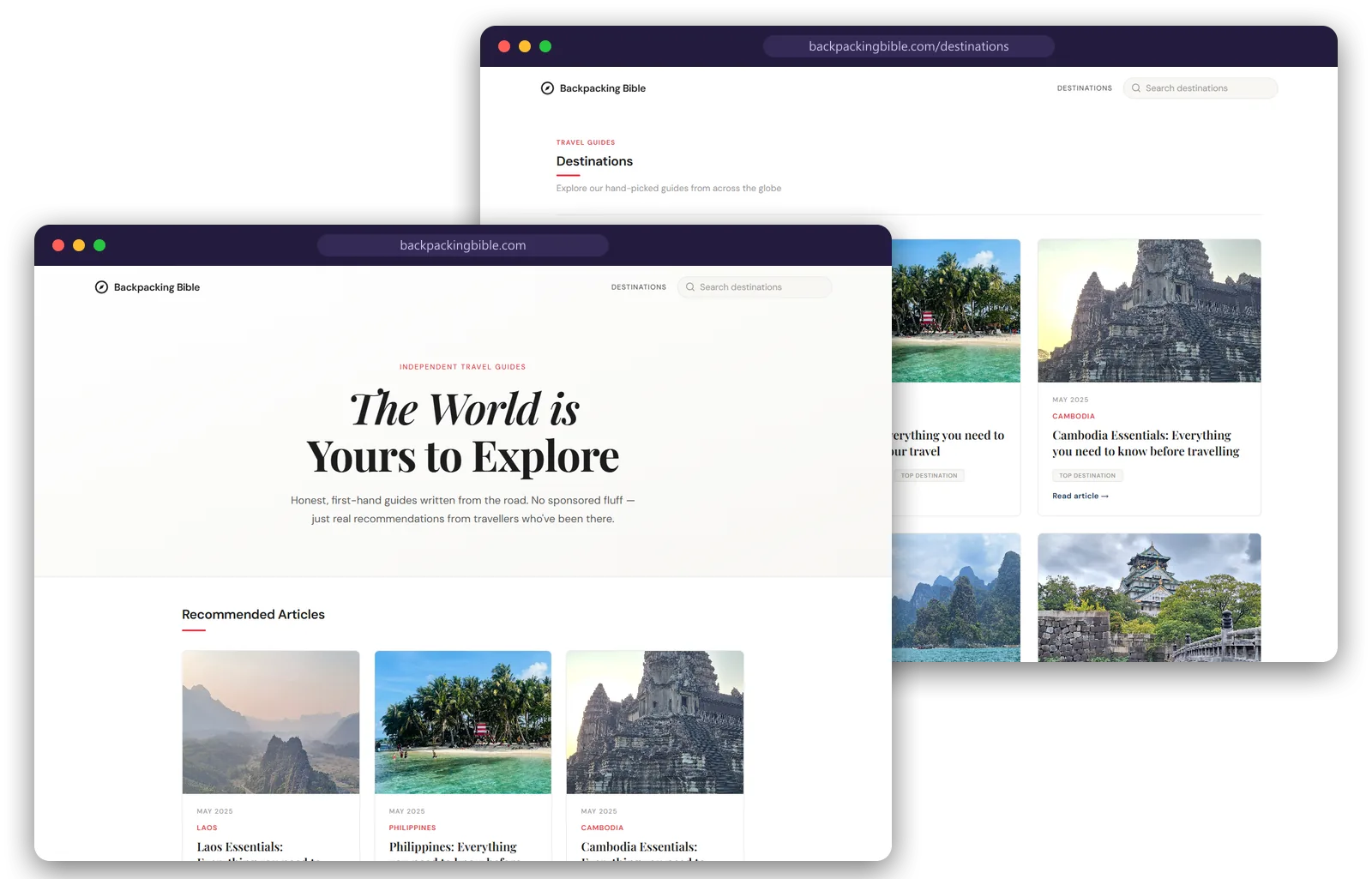The Backpacking Bible travel guide website, showing its homepage and destinations pages